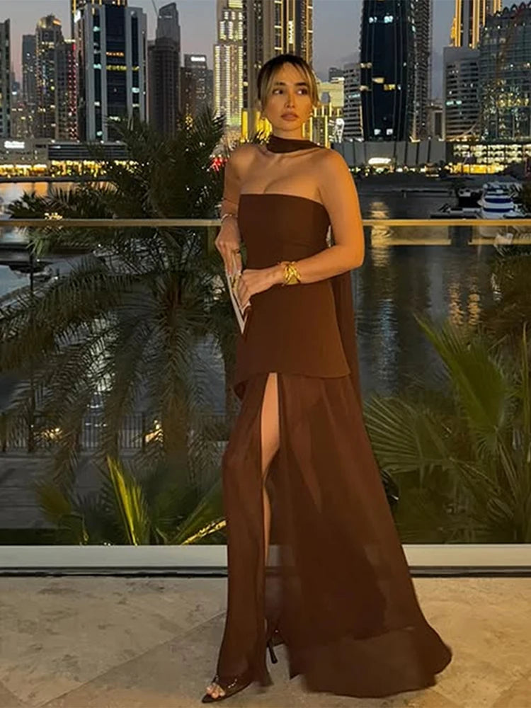 Elegant Strapless Long Dress Women Sexy Patchwork Mesh Sleeveless Sacrf Vestidos Female 2025 Spring Split Evening Dresses Lady