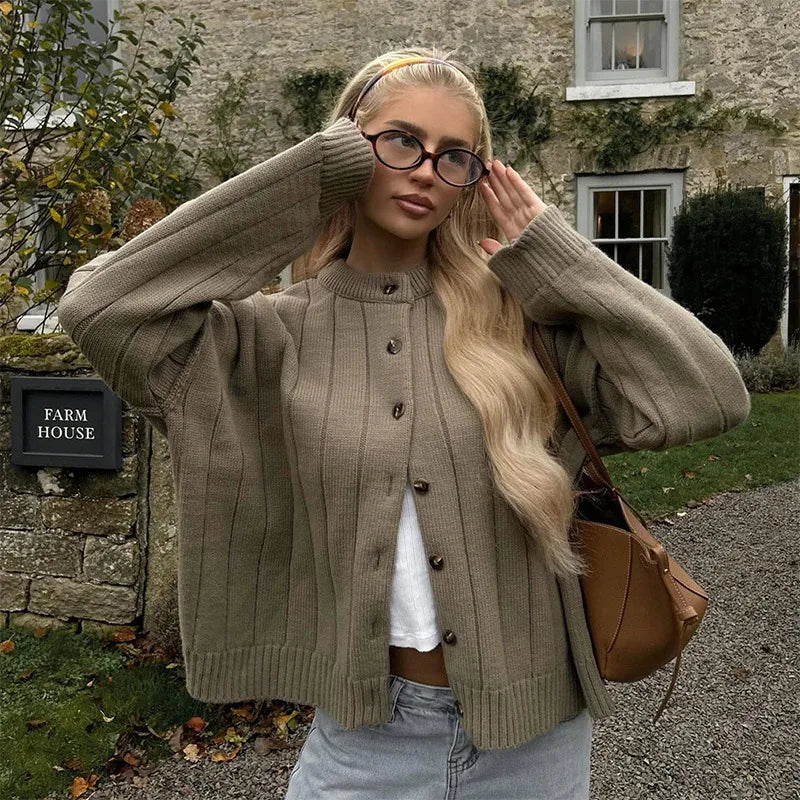 Casual Solid Knitted Sweaters Women Full Sleeve O-neck Loose Single Breasted Sweater Open Stitch Female 2025 Autumn Lady Outwear