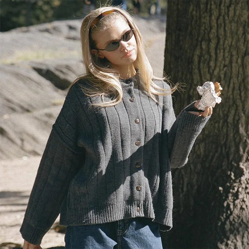Casual Solid Knitted Sweaters Women Full Sleeve O-neck Loose Single Breasted Sweater Open Stitch Female 2025 Autumn Lady Outwear