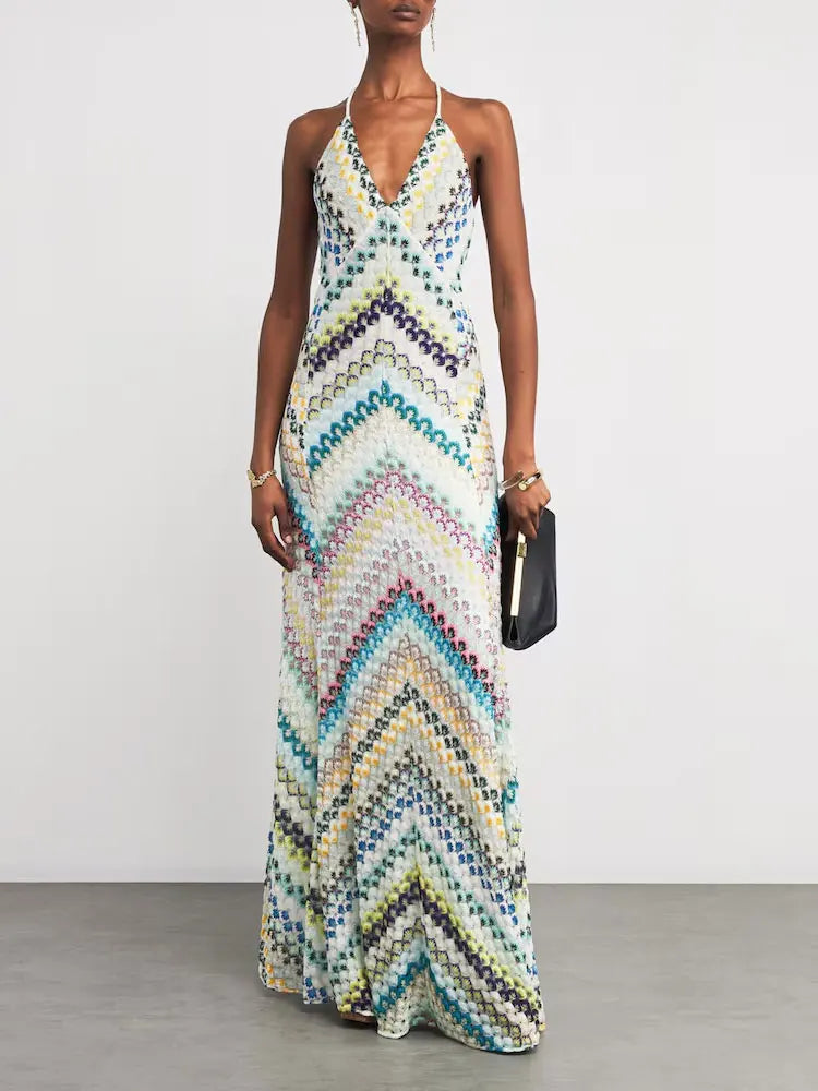 GACVGA Sexy Crochet V Neck Halter Maxi Dress Women New Summer Fashion Sleeveless Backless Slim Knitted Long Dress