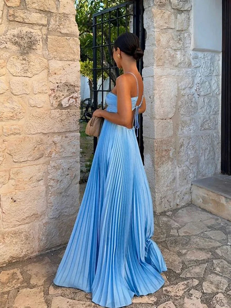 Summer Halter Pleated Long Dress Women Backless Sleeveless Blue Beach Vacation Dresses Female 2025 Fashion Lady A-line Robes