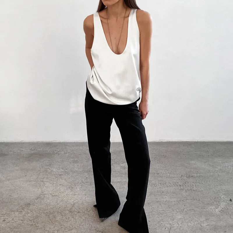 Solid Color Basic U-Neck Vest for Women Summer Loose Sleeveless Satin Tank Tops Woman 2025 Trend Streetwear All-Match Camisole