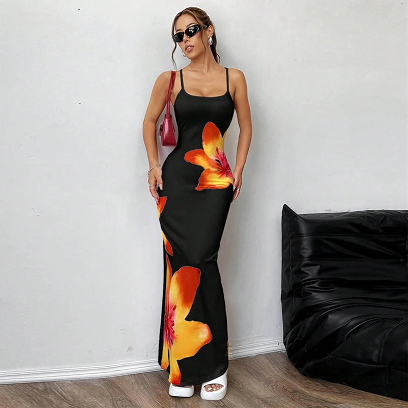 Women Summer Spaghetti Strap Dress Casual Floral Print Bodycon Party Dress for Vacation Cocktail Beach Streetwear