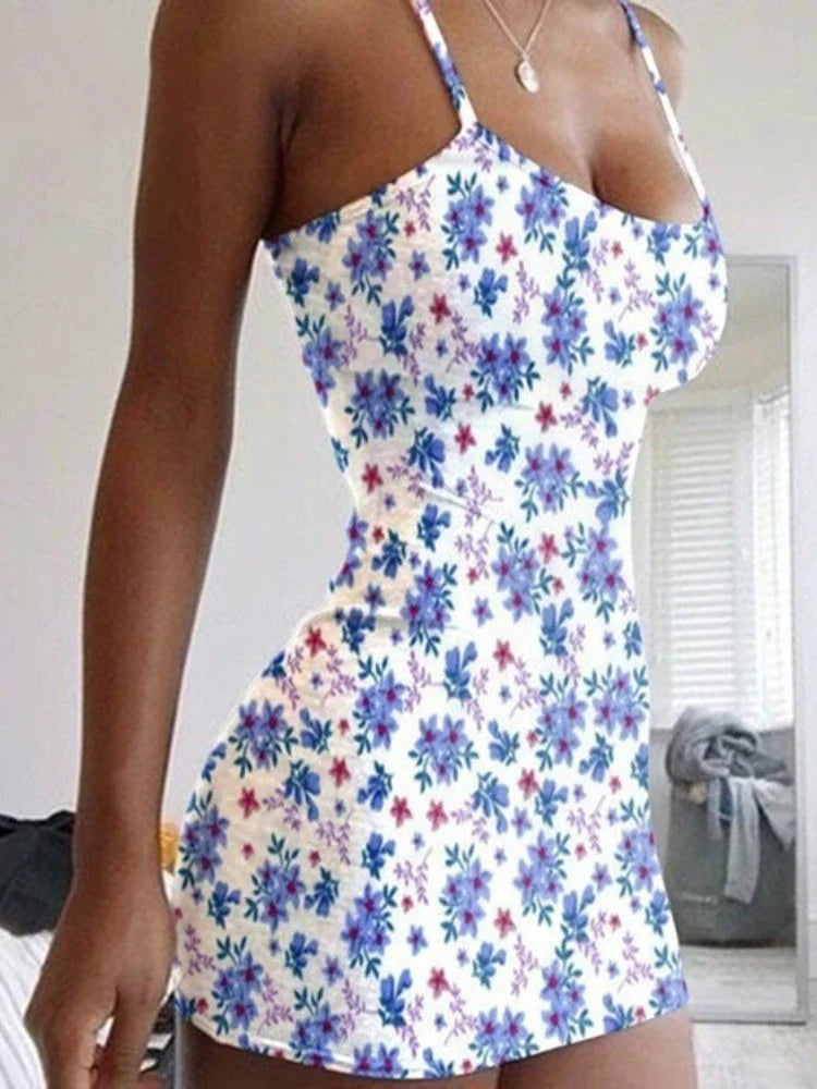 Tiny Flowers Print Stretch Spaghetti Straps Bodycon Dress Women Oversized Sleeveless Slim Dress Club Party Vestidos Plus Size