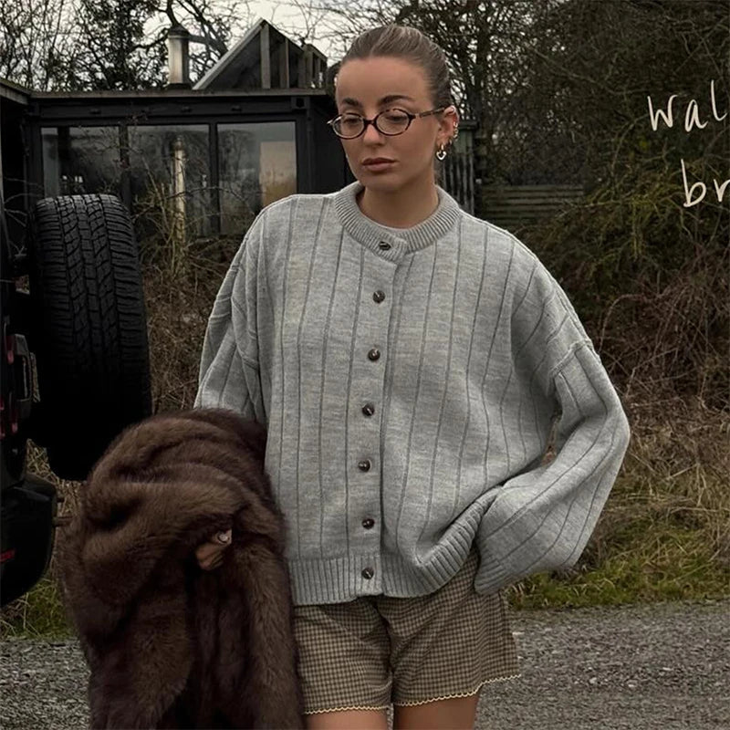 Casual Solid Knitted Sweaters Women Full Sleeve O-neck Loose Single Breasted Sweater Open Stitch Female 2025 Autumn Lady Outwear