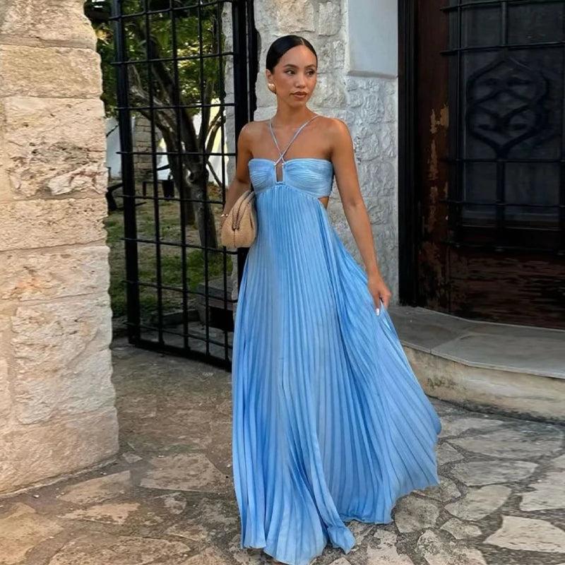 Summer Halter Pleated Long Dress Women Backless Sleeveless Blue Beach Vacation Dresses Female 2025 Fashion Lady A-line Robes