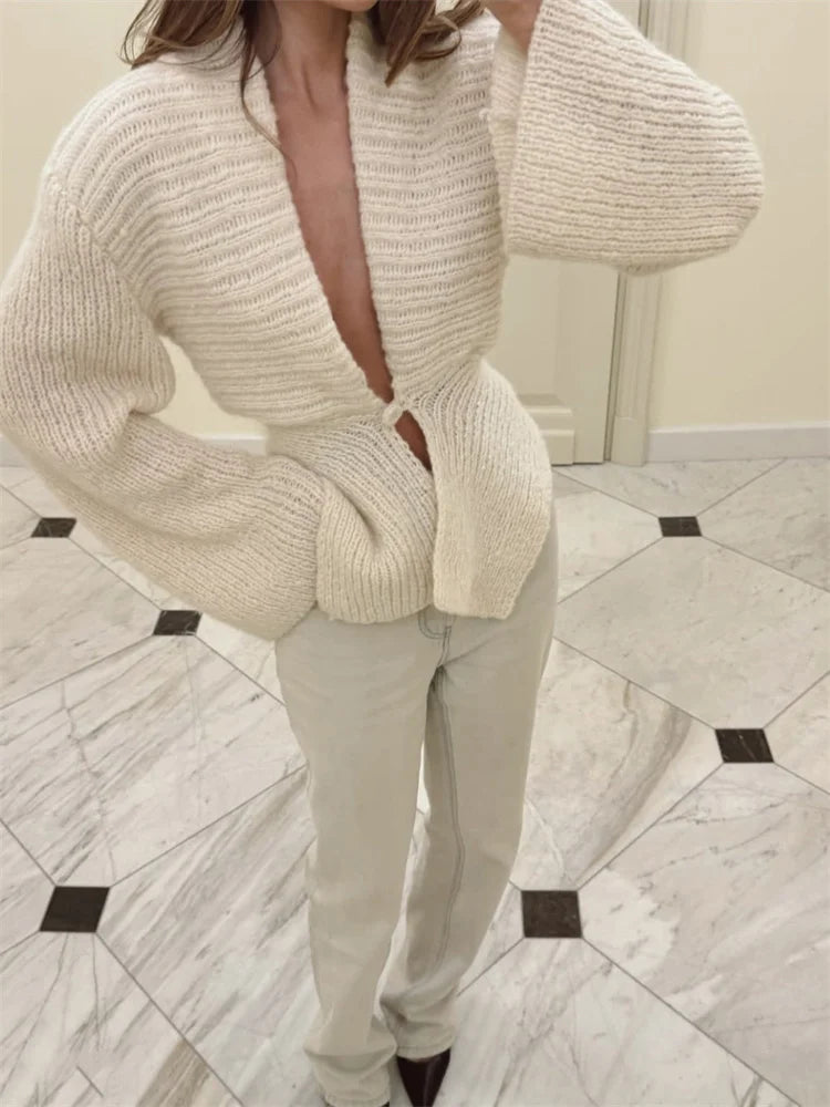 Tossy White Vintage Knit Sweater Cardigan For Women Hollow Out Loose Elegant Autumn 2025 Cover up Knitwear Female Cardigan Top