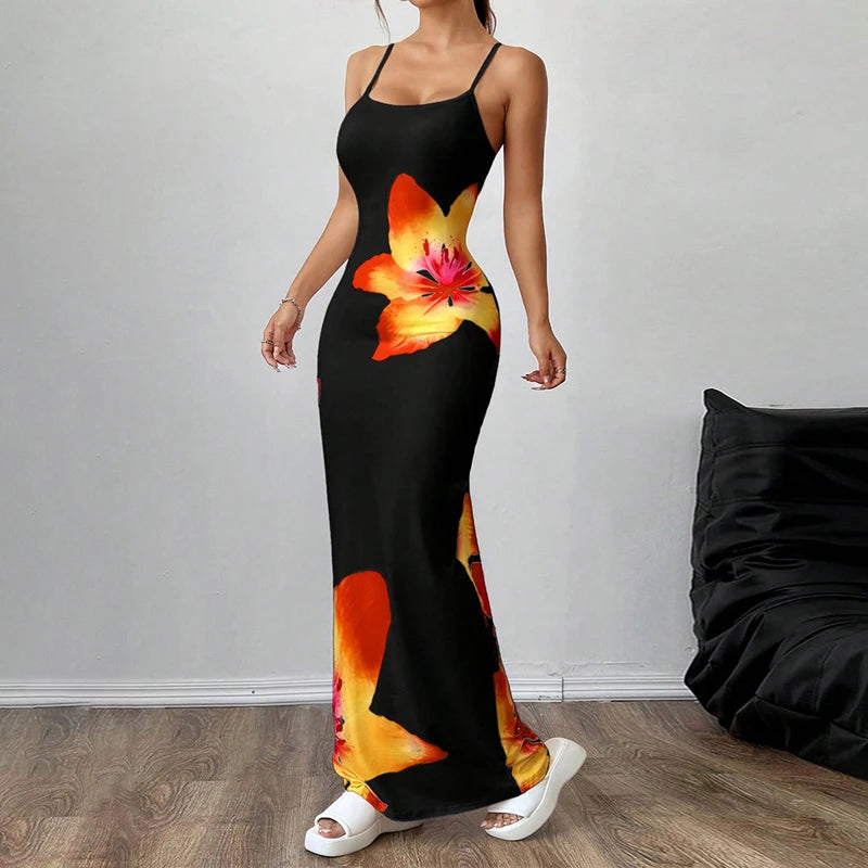 Women Summer Spaghetti Strap Dress Casual Floral Print Bodycon Party Dress for Vacation Cocktail Beach Streetwear