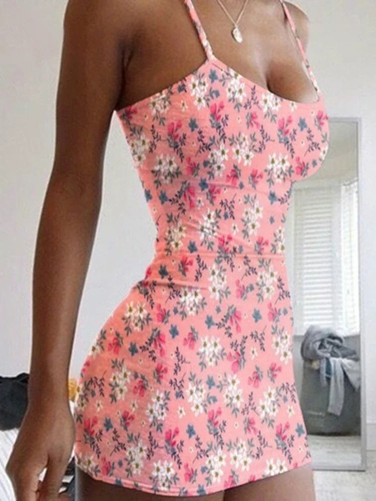 Tiny Flowers Print Stretch Spaghetti Straps Bodycon Dress Women Oversized Sleeveless Slim Dress Club Party Vestidos Plus Size