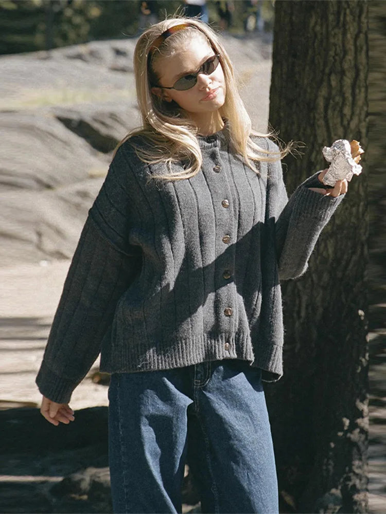 Casual Solid Knitted Sweaters Women Full Sleeve O-neck Loose Single Breasted Sweater Open Stitch Female 2025 Autumn Lady Outwear