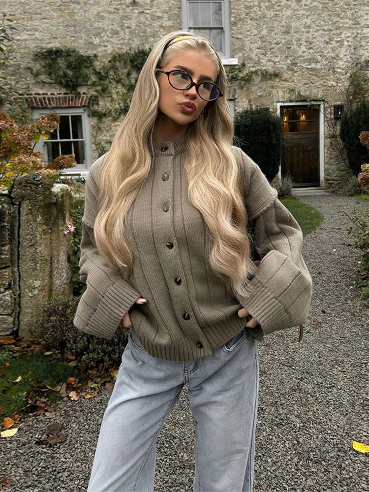 Casual Solid Knitted Sweaters Women Full Sleeve O-neck Loose Single Breasted Sweater Open Stitch Female 2025 Autumn Lady Outwear