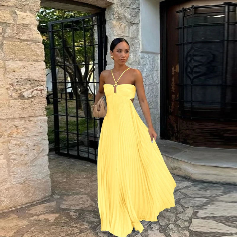 Summer Halter Pleated Long Dress Women Backless Sleeveless Blue Beach Vacation Dresses Female 2025 Fashion Lady A-line Robes