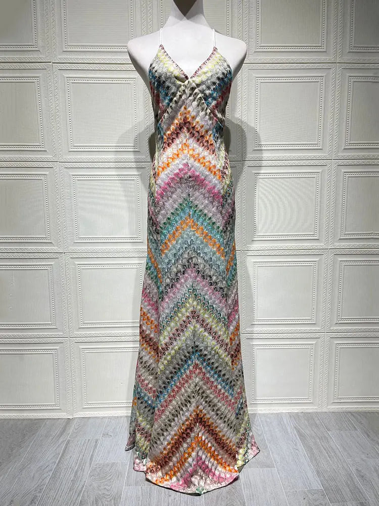 GACVGA Sexy Crochet V Neck Halter Maxi Dress Women New Summer Fashion Sleeveless Backless Slim Knitted Long Dress