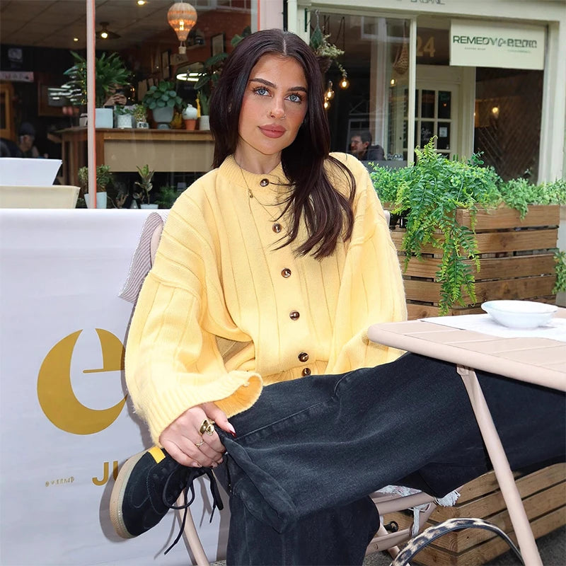Casual Solid Knitted Sweaters Women Full Sleeve O-neck Loose Single Breasted Sweater Open Stitch Female 2025 Autumn Lady Outwear
