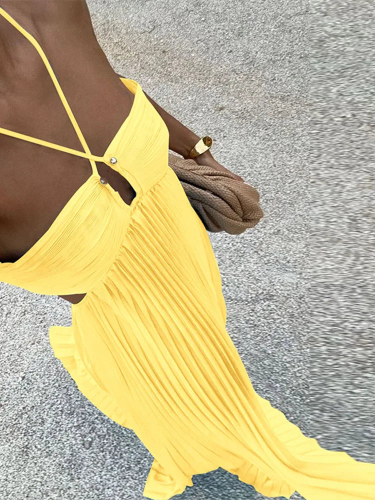 Summer Halter Pleated Long Dress Women Backless Sleeveless Blue Beach Vacation Dresses Female 2025 Fashion Lady A-line Robes