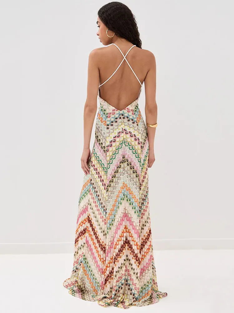 GACVGA Sexy Crochet V Neck Halter Maxi Dress Women New Summer Fashion Sleeveless Backless Slim Knitted Long Dress