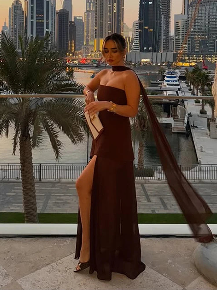 Elegant Strapless Long Dress Women Sexy Patchwork Mesh Sleeveless Sacrf Vestidos Female 2025 Spring Split Evening Dresses Lady
