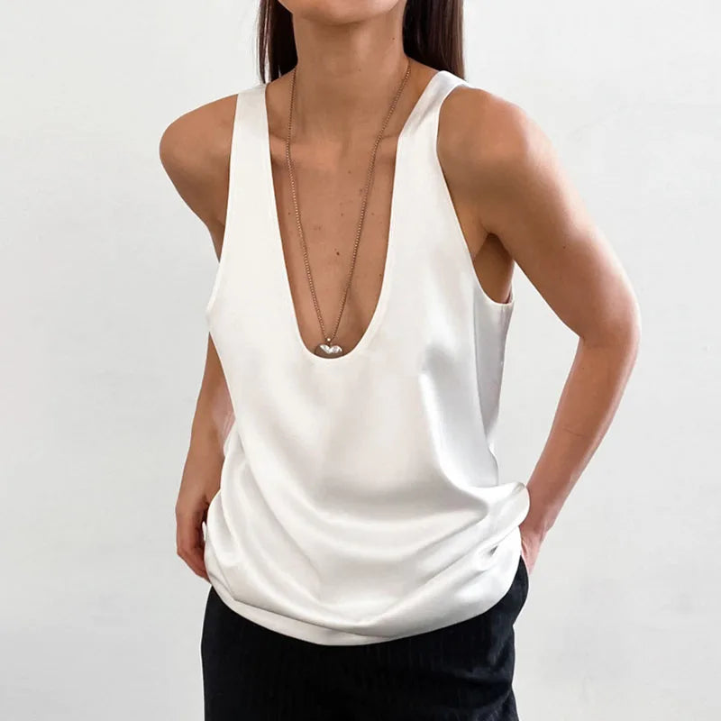 Solid Color Basic U-Neck Vest for Women Summer Loose Sleeveless Satin Tank Tops Woman 2025 Trend Streetwear All-Match Camisole
