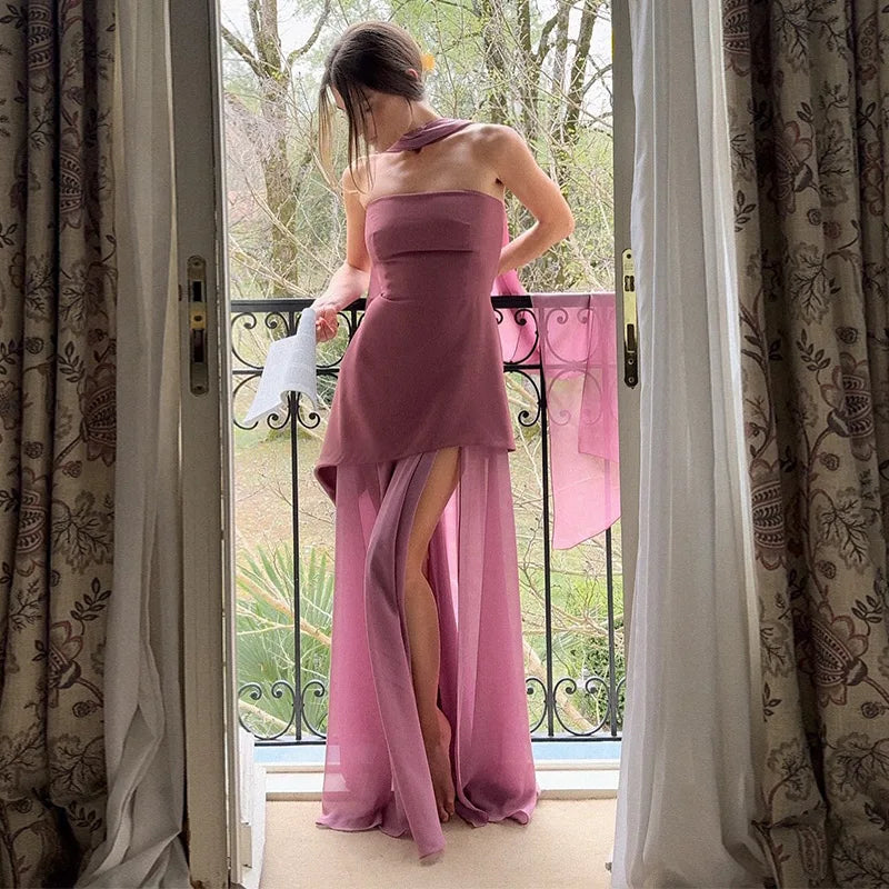 Elegant Strapless Long Dress Women Sexy Patchwork Mesh Sleeveless Sacrf Vestidos Female 2025 Spring Split Evening Dresses Lady