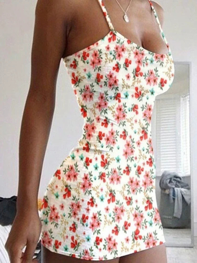 Tiny Flowers Print Stretch Spaghetti Straps Bodycon Dress Women Oversized Sleeveless Slim Dress Club Party Vestidos Plus Size