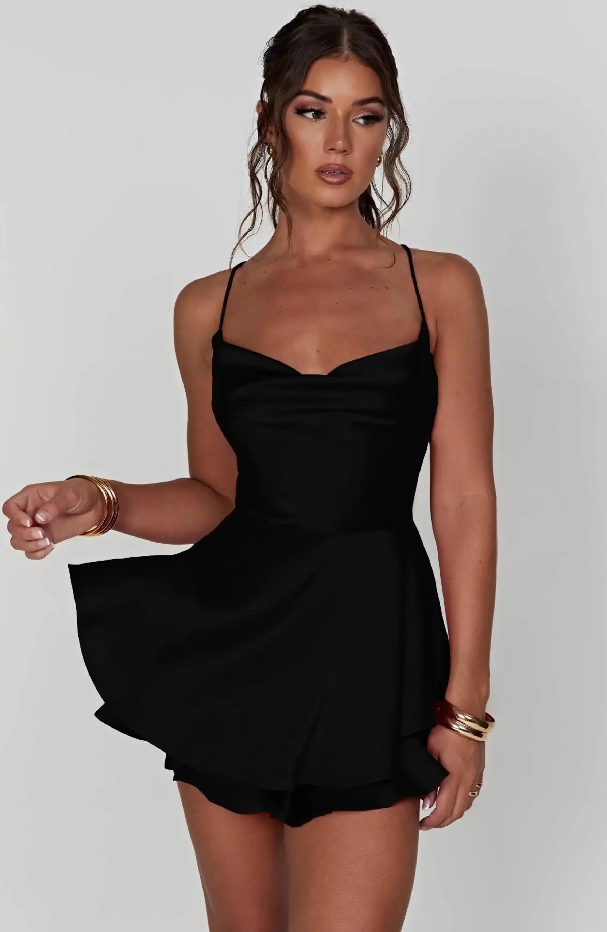 2025 Summer New Popular European and American Style Sexy Slimming Show Solid Color Slimming Dress Short Women's