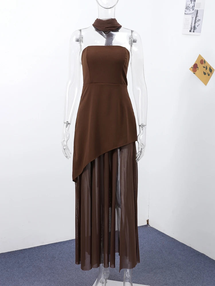 Elegant Strapless Long Dress Women Sexy Patchwork Mesh Sleeveless Sacrf Vestidos Female 2025 Spring Split Evening Dresses Lady