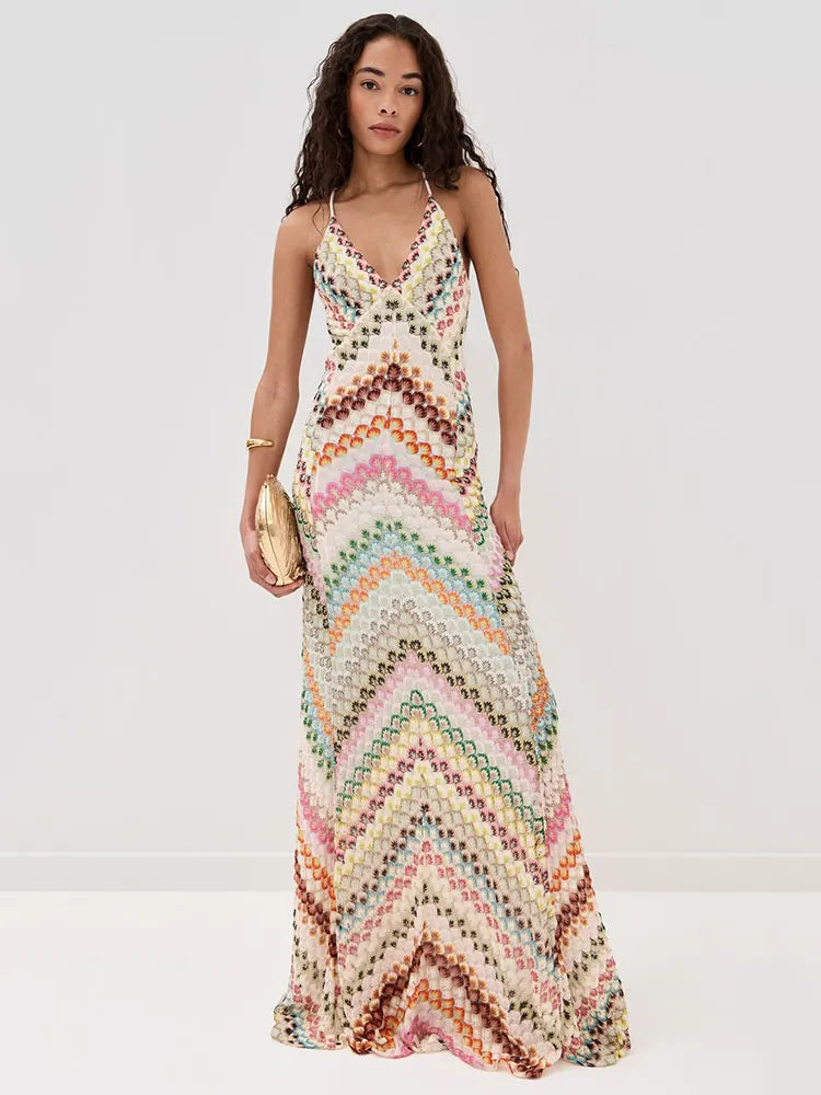 GACVGA Sexy Crochet V Neck Halter Maxi Dress Women New Summer Fashion Sleeveless Backless Slim Knitted Long Dress
