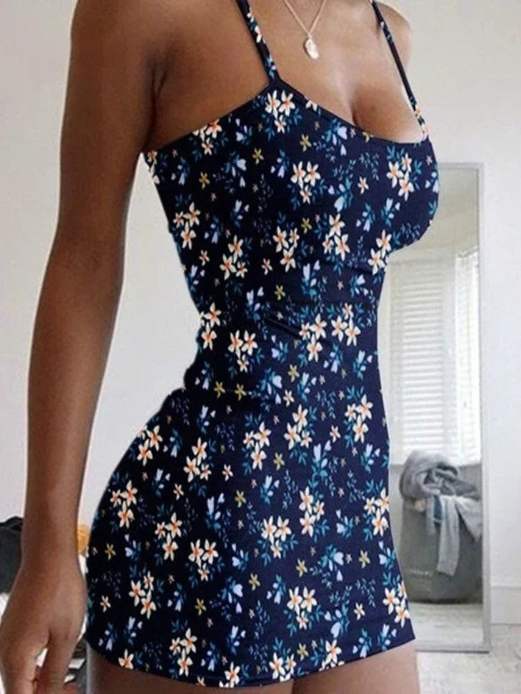 Tiny Flowers Print Stretch Spaghetti Straps Bodycon Dress Women Oversized Sleeveless Slim Dress Club Party Vestidos Plus Size