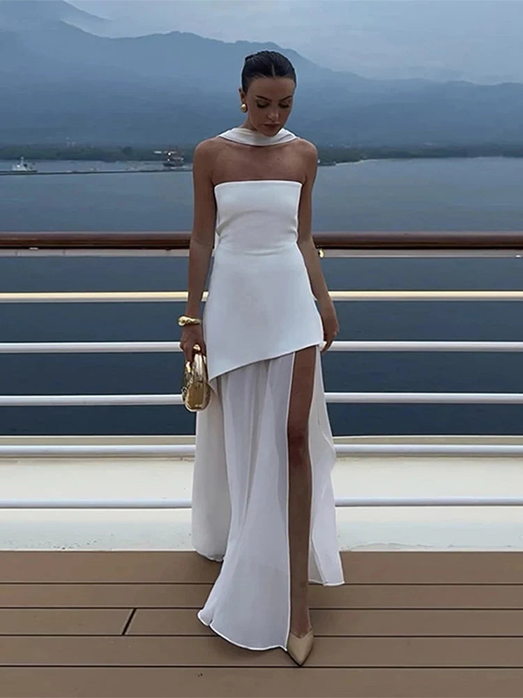 Elegant Strapless Long Dress Women Sexy Patchwork Mesh Sleeveless Sacrf Vestidos Female 2025 Spring Split Evening Dresses Lady