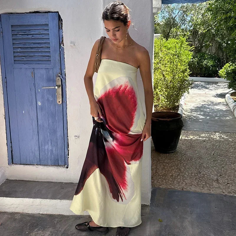 Sexy Print Long Dress Women Loose Off Shoulder Sleeveless Maxi Female Dreeses 2025 Spring Summer Vacation Lady Robe