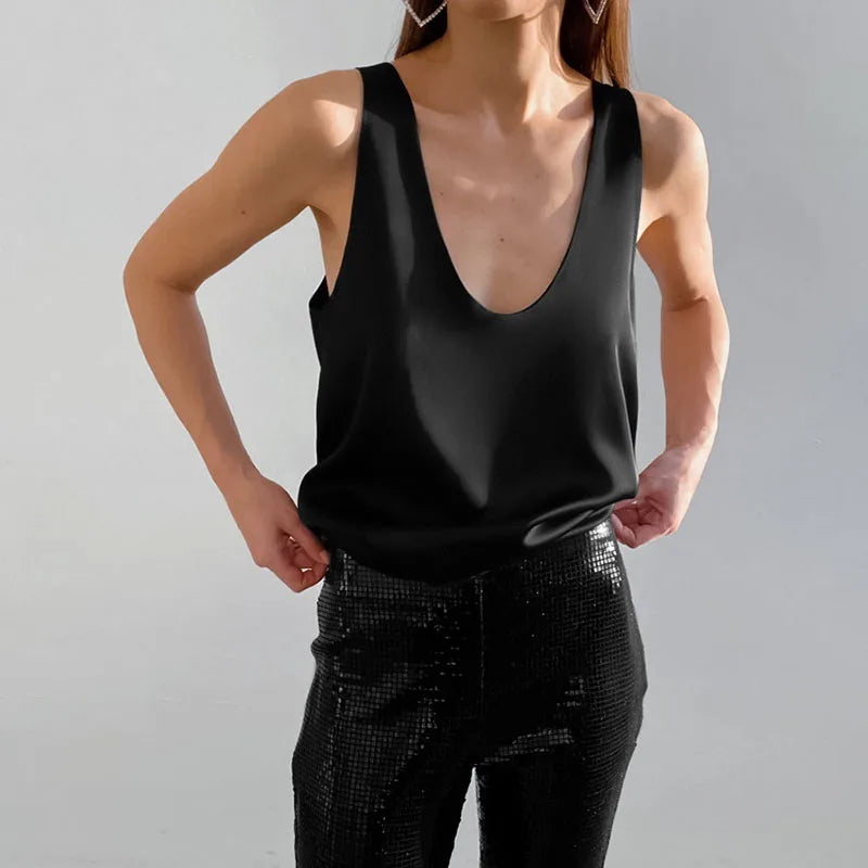 Solid Color Basic U-Neck Vest for Women Summer Loose Sleeveless Satin Tank Tops Woman 2025 Trend Streetwear All-Match Camisole