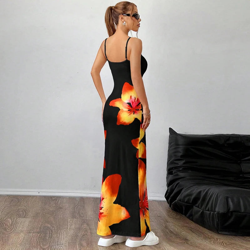 Women Summer Spaghetti Strap Dress Casual Floral Print Bodycon Party Dress for Vacation Cocktail Beach Streetwear