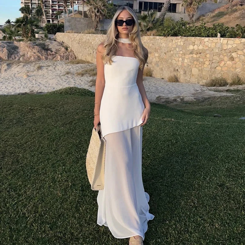 Elegant Strapless Long Dress Women Sexy Patchwork Mesh Sleeveless Sacrf Vestidos Female 2025 Spring Split Evening Dresses Lady