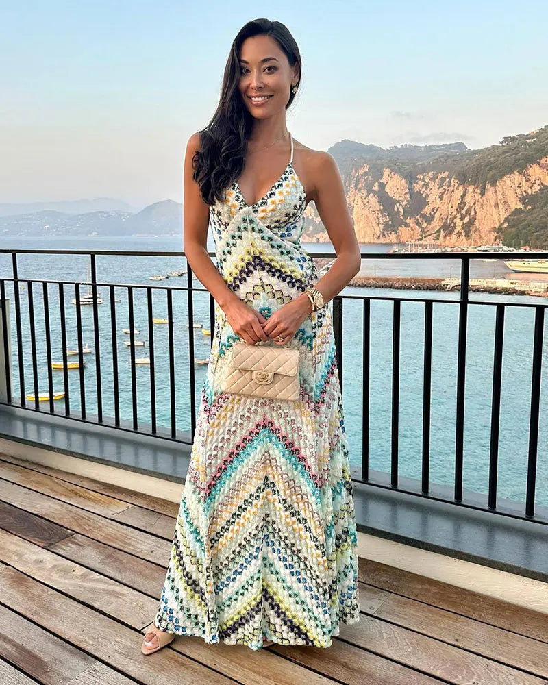 GACVGA Sexy Crochet V Neck Halter Maxi Dress Women New Summer Fashion Sleeveless Backless Slim Knitted Long Dress