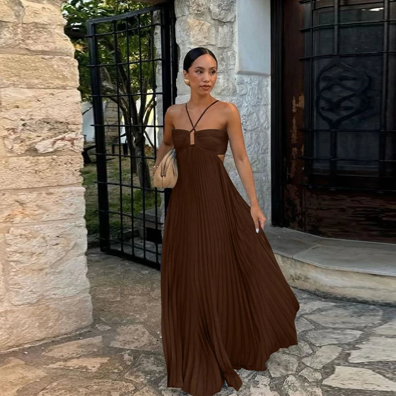 Summer Halter Pleated Long Dress Women Backless Sleeveless Blue Beach Vacation Dresses Female 2025 Fashion Lady A-line Robes
