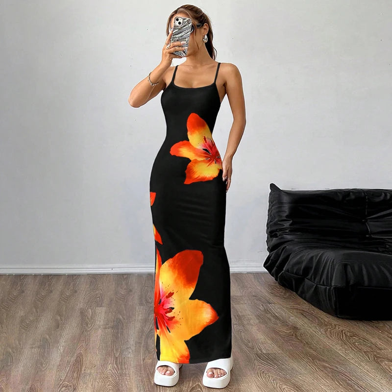 Women Summer Spaghetti Strap Dress Casual Floral Print Bodycon Party Dress for Vacation Cocktail Beach Streetwear