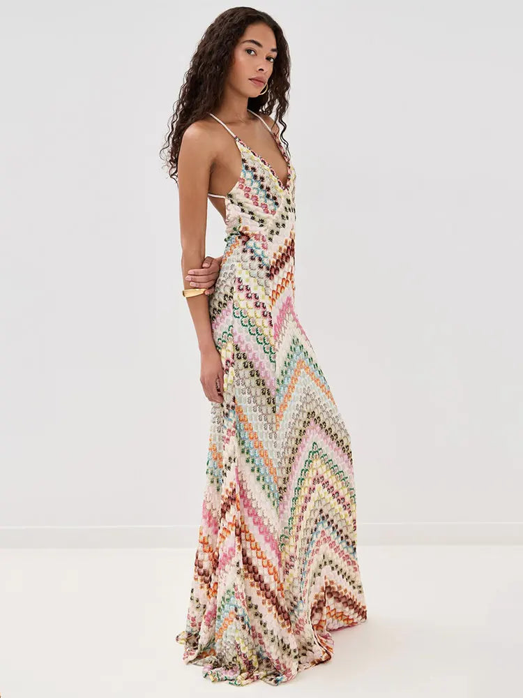 GACVGA Sexy Crochet V Neck Halter Maxi Dress Women New Summer Fashion Sleeveless Backless Slim Knitted Long Dress