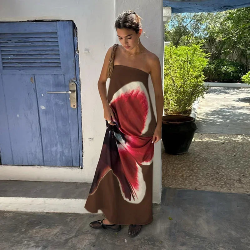 Sexy Print Long Dress Women Loose Off Shoulder Sleeveless Maxi Female Dreeses 2025 Spring Summer Vacation Lady Robe
