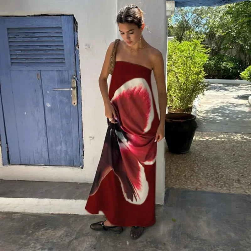 Sexy Print Long Dress Women Loose Off Shoulder Sleeveless Maxi Female Dreeses 2025 Spring Summer Vacation Lady Robe