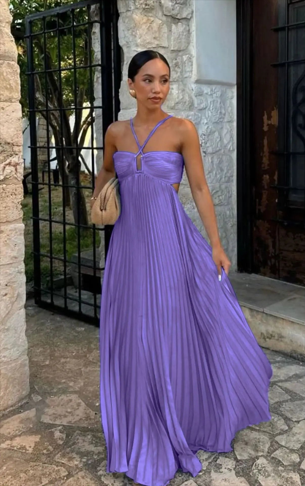 Summer Halter Pleated Long Dress Women Backless Sleeveless Blue Beach Vacation Dresses Female 2025 Fashion Lady A-line Robes