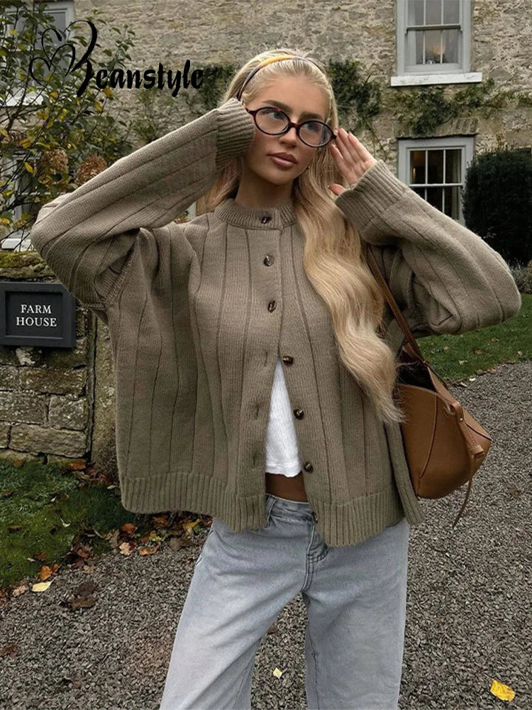 Casual Solid Knitted Sweaters Women Full Sleeve O-neck Loose Single Breasted Sweater Open Stitch Female 2025 Autumn Lady Outwear