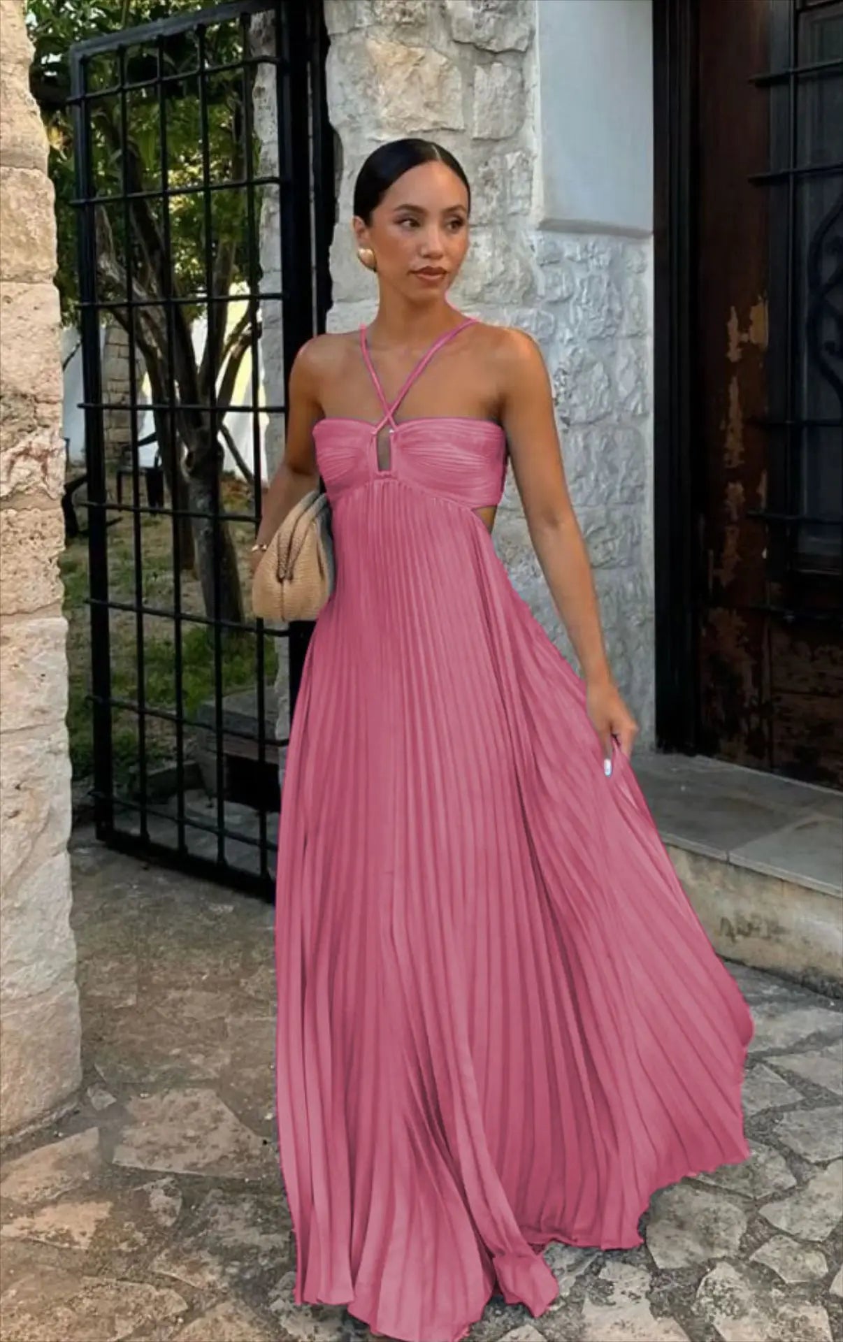 Summer Halter Pleated Long Dress Women Backless Sleeveless Blue Beach Vacation Dresses Female 2025 Fashion Lady A-line Robes
