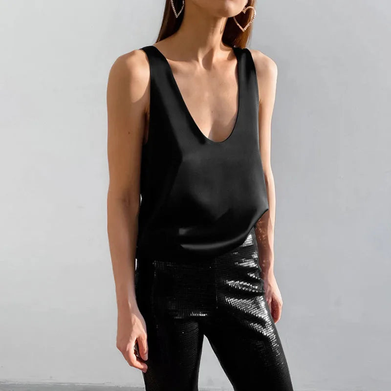 Solid Color Basic U-Neck Vest for Women Summer Loose Sleeveless Satin Tank Tops Woman 2025 Trend Streetwear All-Match Camisole