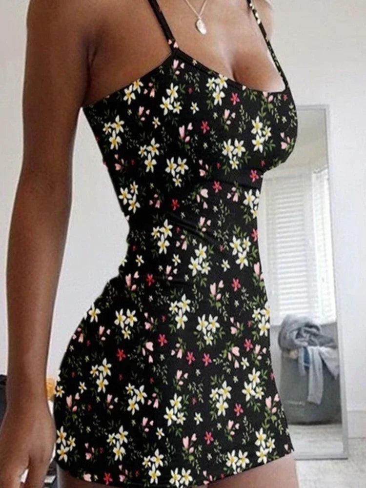 Tiny Flowers Print Stretch Spaghetti Straps Bodycon Dress Women Oversized Sleeveless Slim Dress Club Party Vestidos Plus Size