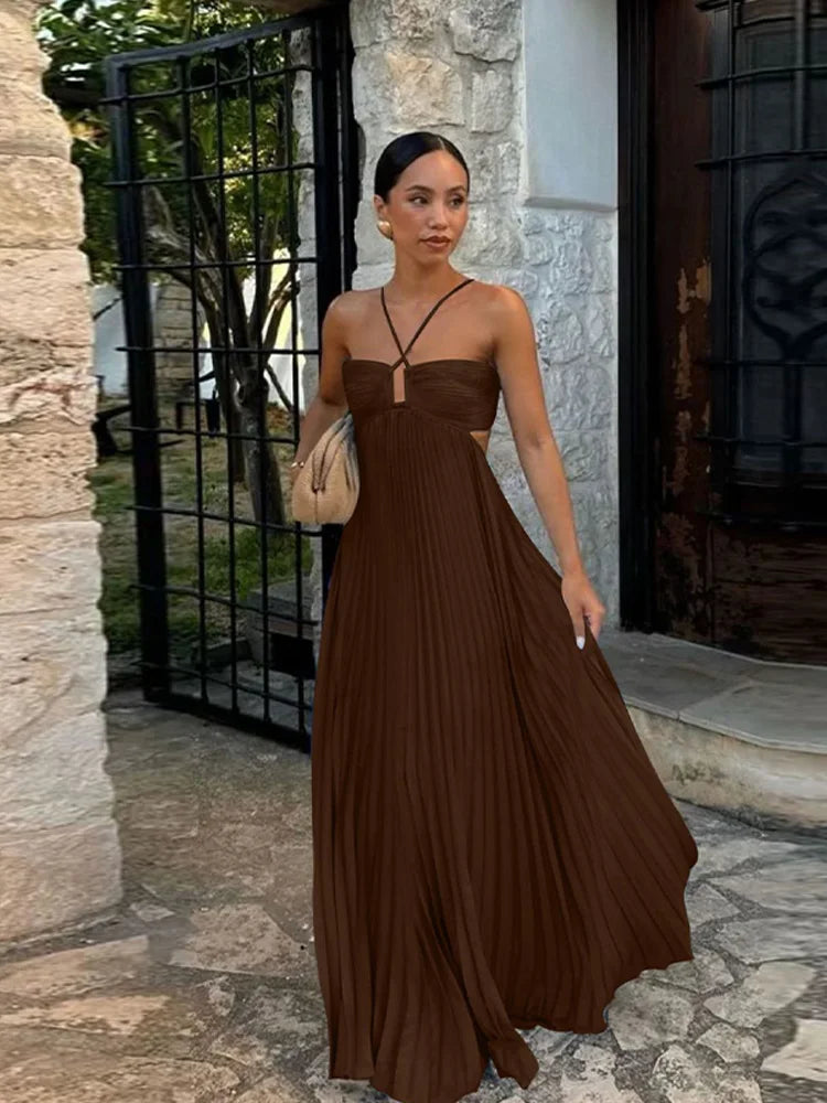Summer Halter Pleated Long Dress Women Backless Sleeveless Blue Beach Vacation Dresses Female 2025 Fashion Lady A-line Robes